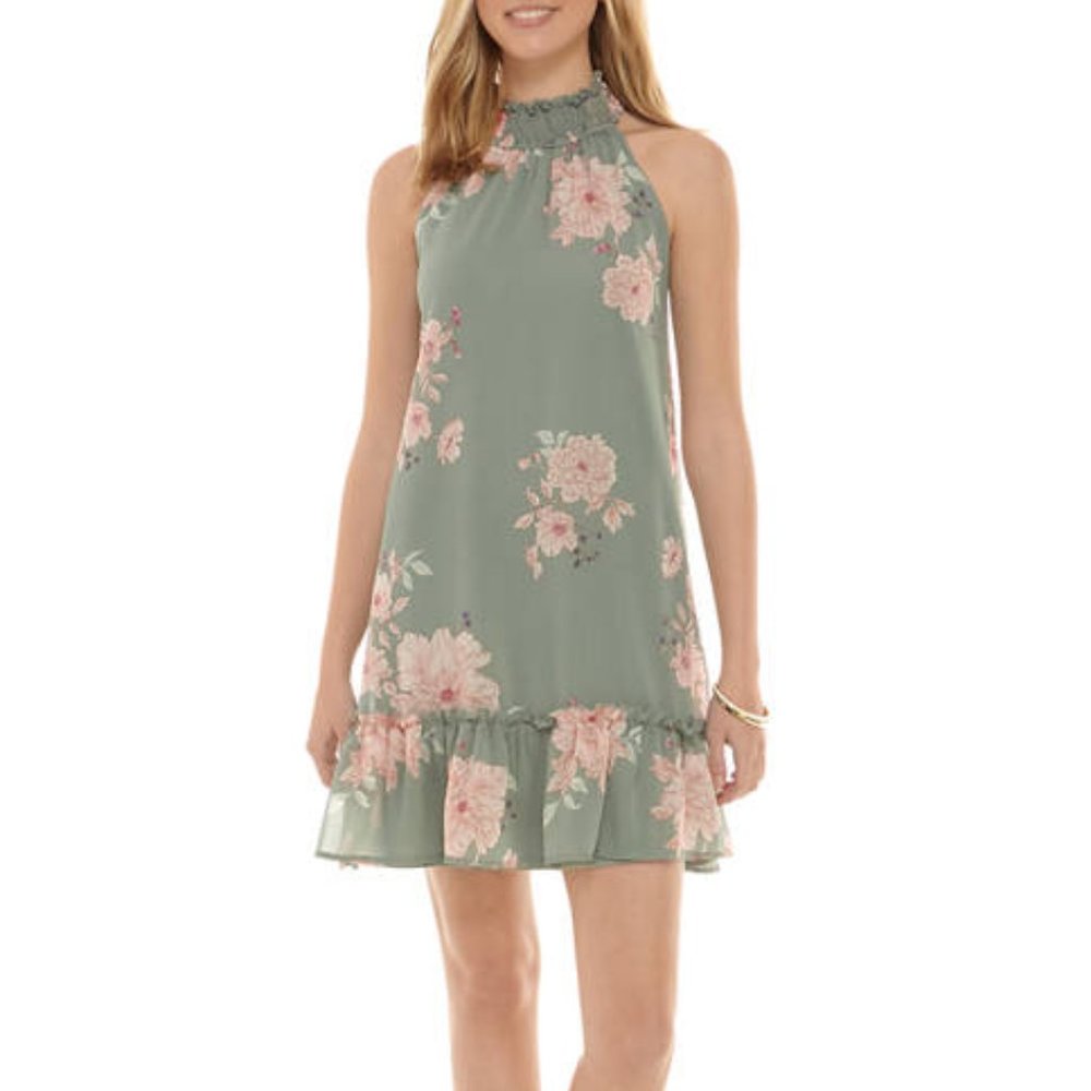 Mossy Green Floral Halter Drop Waist Dress